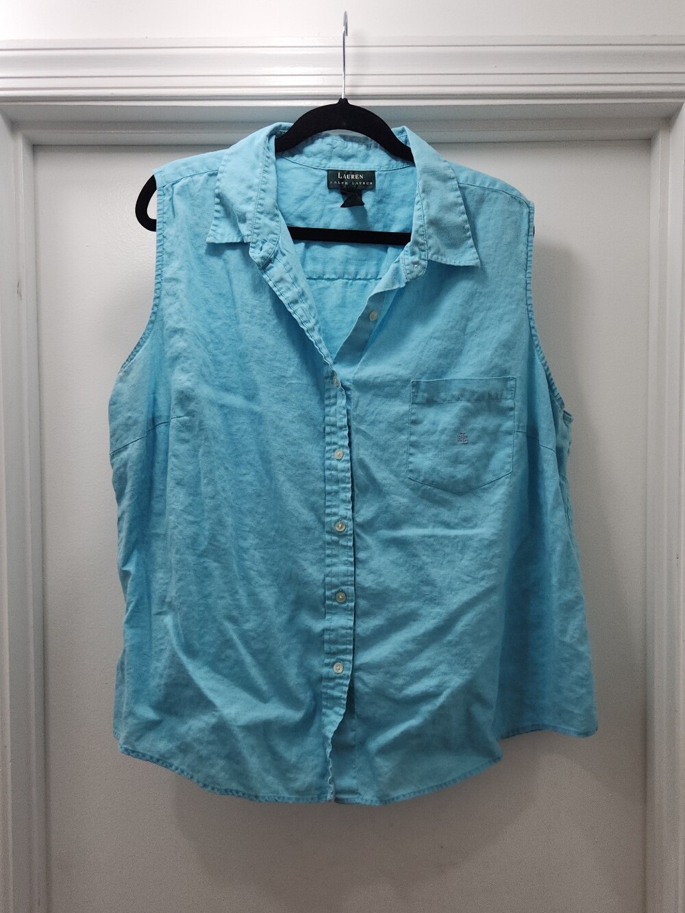 Lauren Ralph Lauren 100% Linen Sleeveless Button Down Shirt in Sky Blue 3x